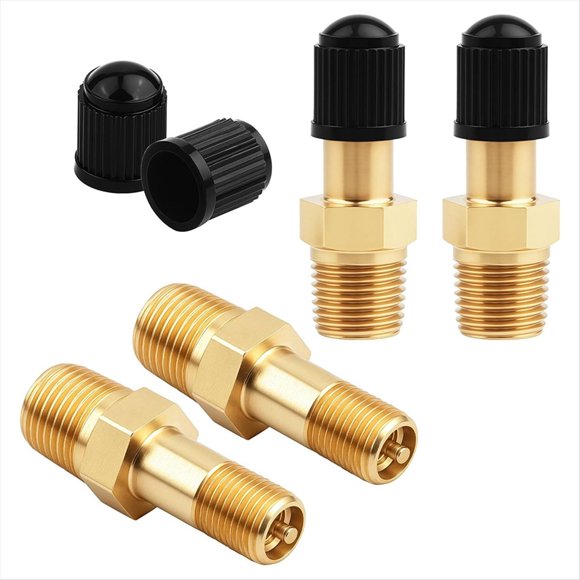 Juego de 4 Válvulas Schrader Doradas de 1/8, Válvula de Tanque Metálica de 1/8, Tubo de Latón con Tanque de Compresor de Aire y Tapas de Sellado.