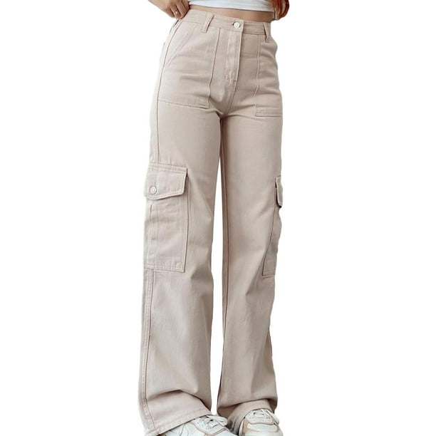 Cassual Cargo Pants for Women Solid Elastic Waist Straight Leg Pant 6  Pockets Plus Size Versatile Pants for Work Outdoor(L,Khaki)