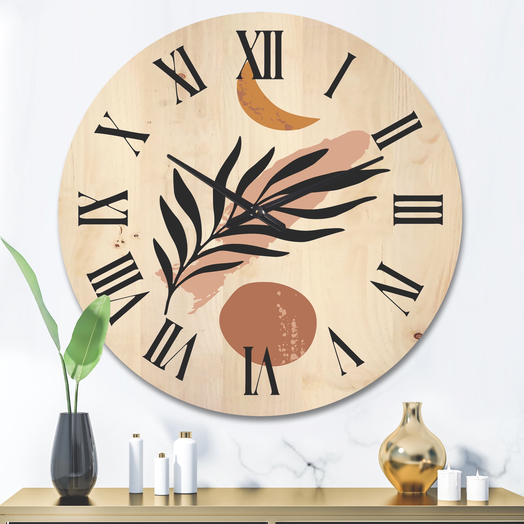 Designart 'Abstact Tropical Palm Leaf, Minimal Sun And Moon I' Modern Wood Wall Clock