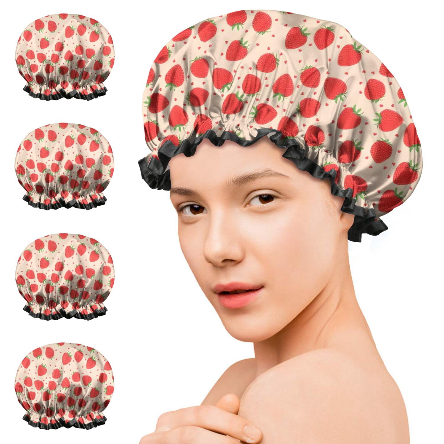Shower Caps,Strawberry Plants Fruit Heart Waterproof Shower Cap for Women 4 Pieces,Double Reusable Hair Cover for Shower PEVA Elastic Stretch Hem