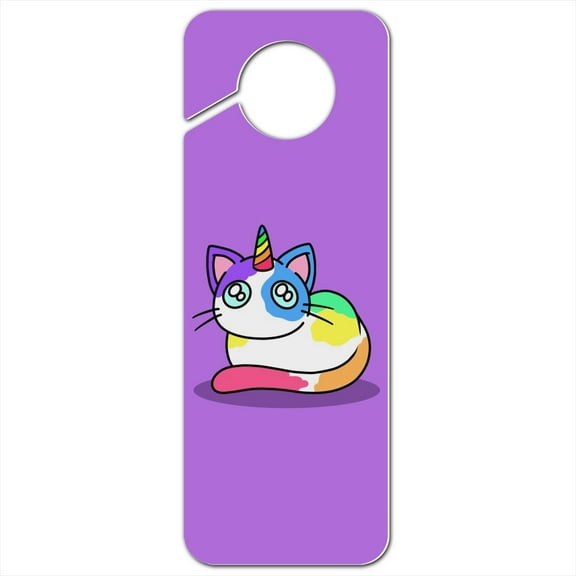 Unicorn Cat with Rainbow Calico Markings Plastic Door Knob Hanger Sign