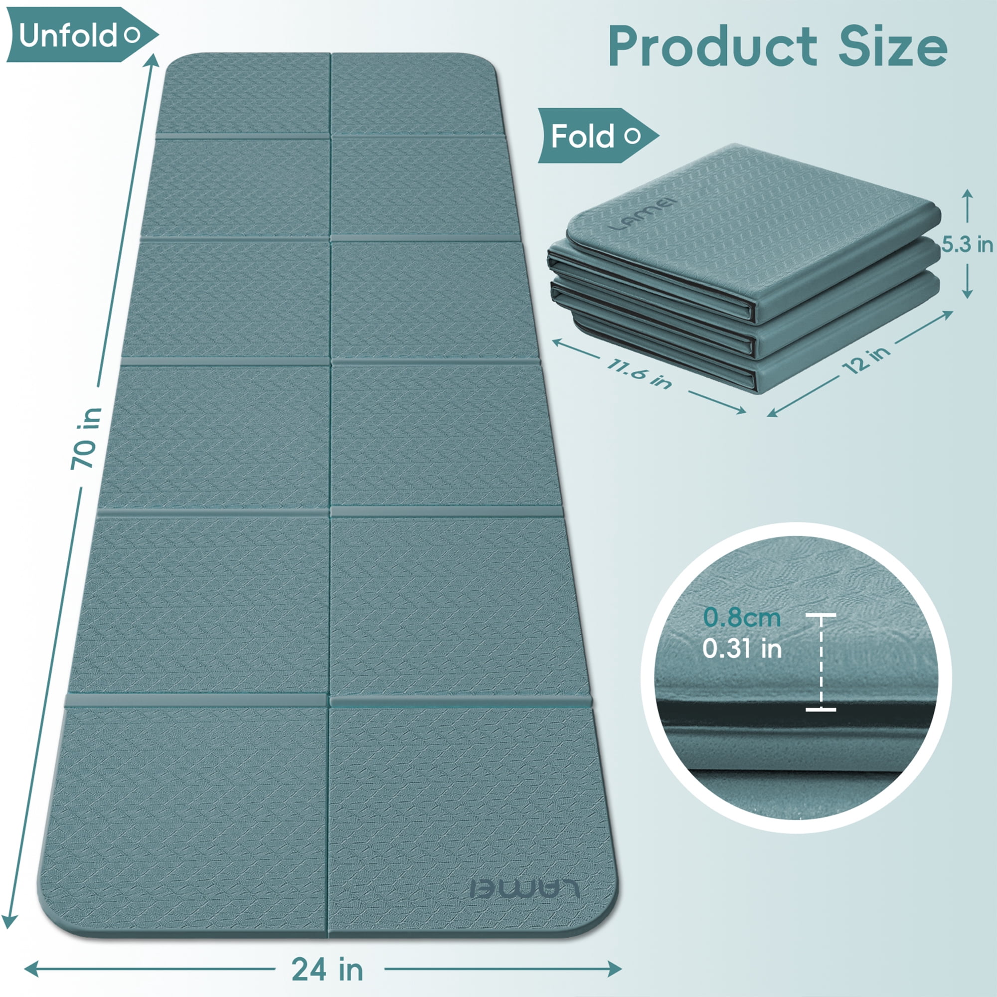 LAMEI Foldable Yoga Mat for Travel, 6mm Thick TPE Pilates Mat Thick, Non Slip Folding Exercise Mats for Home Workout with Bag(Green+Grey)