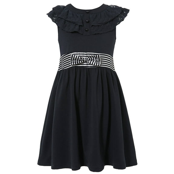Little Girls Black Lace Trimmed Neckline Bow Knit Sundress 1/2