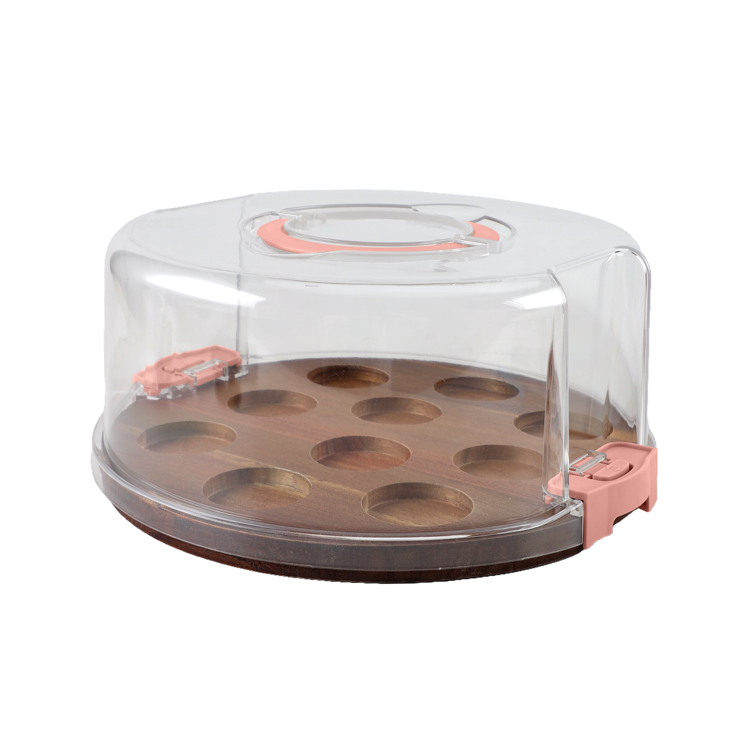 Cook with Color Dark Walnut Wood Cake and Cupcake Carrier, 2-in-1 Reversible Tray with Locking Lid, Dark Walnut