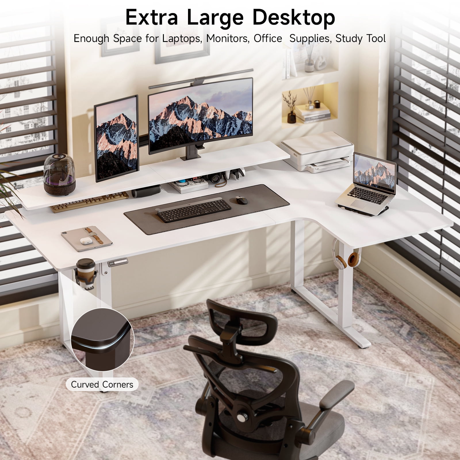 63x43 Inches L Shaped Standing Desk, Electric Stand Up Desk with 2 Adjustable Monitor Shelves, White