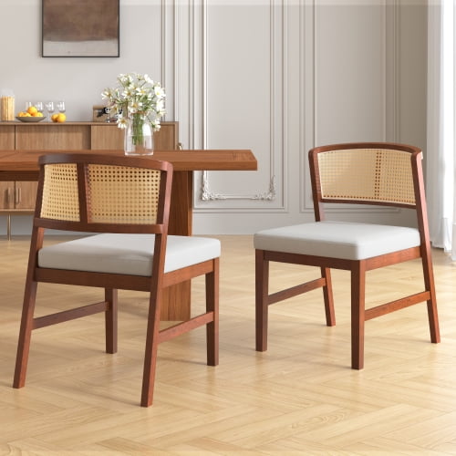 Dining Chairs Set of 2, Rattan Back Kitchen Chairs, Fabric Upholstered Side Chairs with Rubberwood Frame, Armless Dining Room Chairs for Kitchen, Restaurant, Home, Walnut