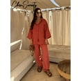 thumbnail image 4 of Conjunto de camisa y pantalones de pierna ancha para mujer, traje de manga larga con botonadura única, ropa de calle de verano, color liso, Estilo Vintage, novedad, 4 of 5