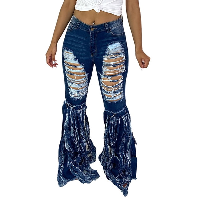 Gibobby Jeans dama talla extra Longitud Pantalones vaqueros anchos de talla grande con decoración de flecos Pantalones vaqueros elásticos con agujero(Azul oscuro,XL)