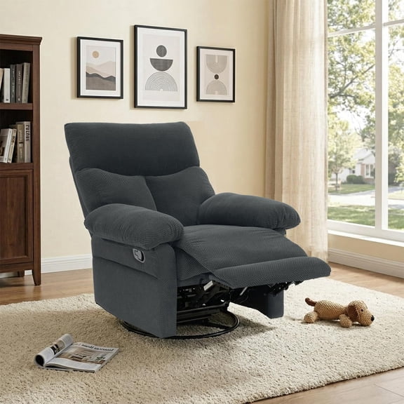 EHANCIS Swivel Rocker Recliner Chair, 360° Rotating Manual Recline Armchair, Soft Fabric Upholstery with Overstuffed Seat, Comfortable for Living Room,Dark Gray