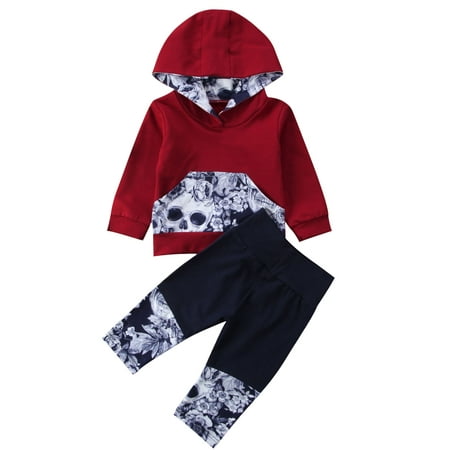 

MERSARIPHY Baby Boys Girls Skull Hooded Pocket Long Sleeve Tops Patchwork Long Pants Set