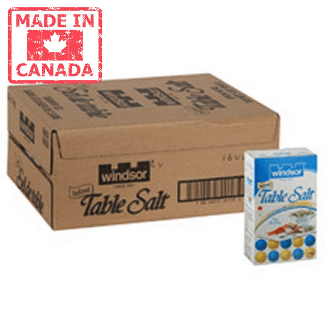 Sel de Table Iodé Windsor, 1 kg par Unité, Exposé dans une Caisse en Carton Contenant 24 Unités. l'Emballage Met en Valeur Son Usage pour la Pâtisserie, la Cuisine et l'Assaisonnement à Table. Fabriqué au Canada, le Produit Est Présenté avec une Image de Marque Claire et des Détails sur les Ingrédients.