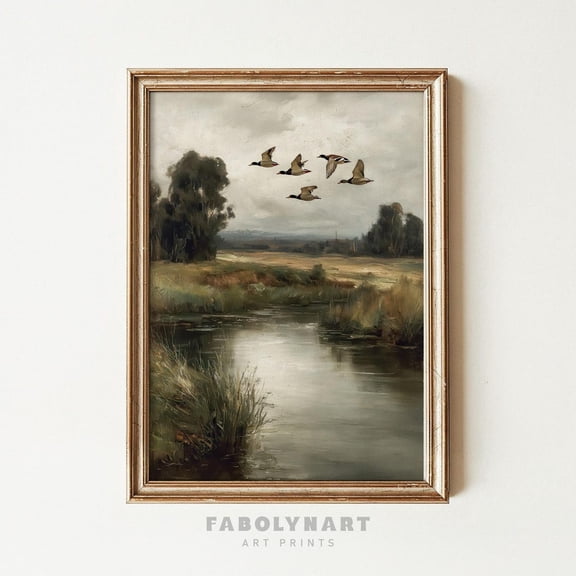 Flying Ducks Wall Art Vintage Countryside Landscape Rustic Farmhouse Decor, Unframed Canvas