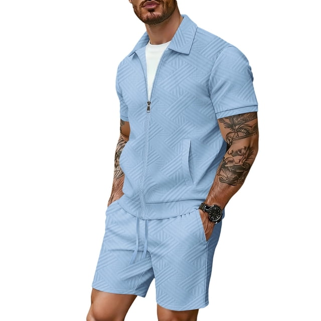 Conjunto de Regalo de los Hombres Primavera Casual Manga Corta Solapa Y Pantalones Cortos para Hombres, Equipamiento de Traje con Patrones Sólidos