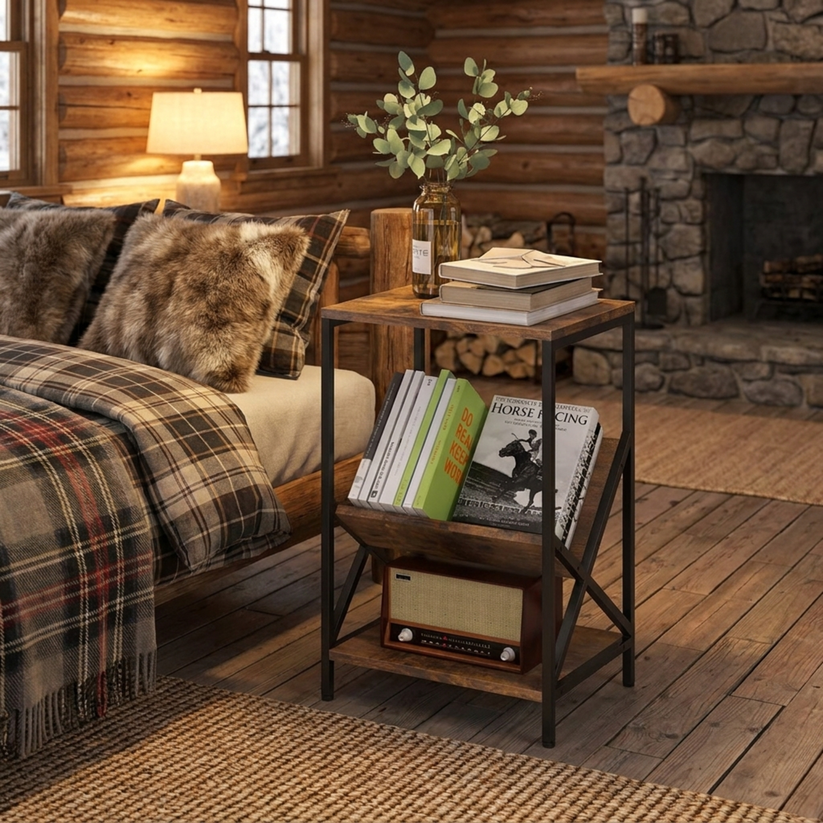 Furnibear 3-Tier Industrial Side Table with V-shaped Bookshelf for Living Room for Living Room Bedroom Sofa Side Nightstand Small Spaces, Rustic Brown