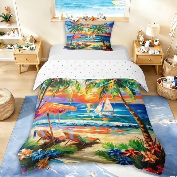 Erosebridal Coastal Flowers Palm Tree Twin Bedding For Teens,Boys Girls Ocean Beach Sunset Duvet Cover Set,Microfiber Bedroom Decor,2pcs,No Comforter