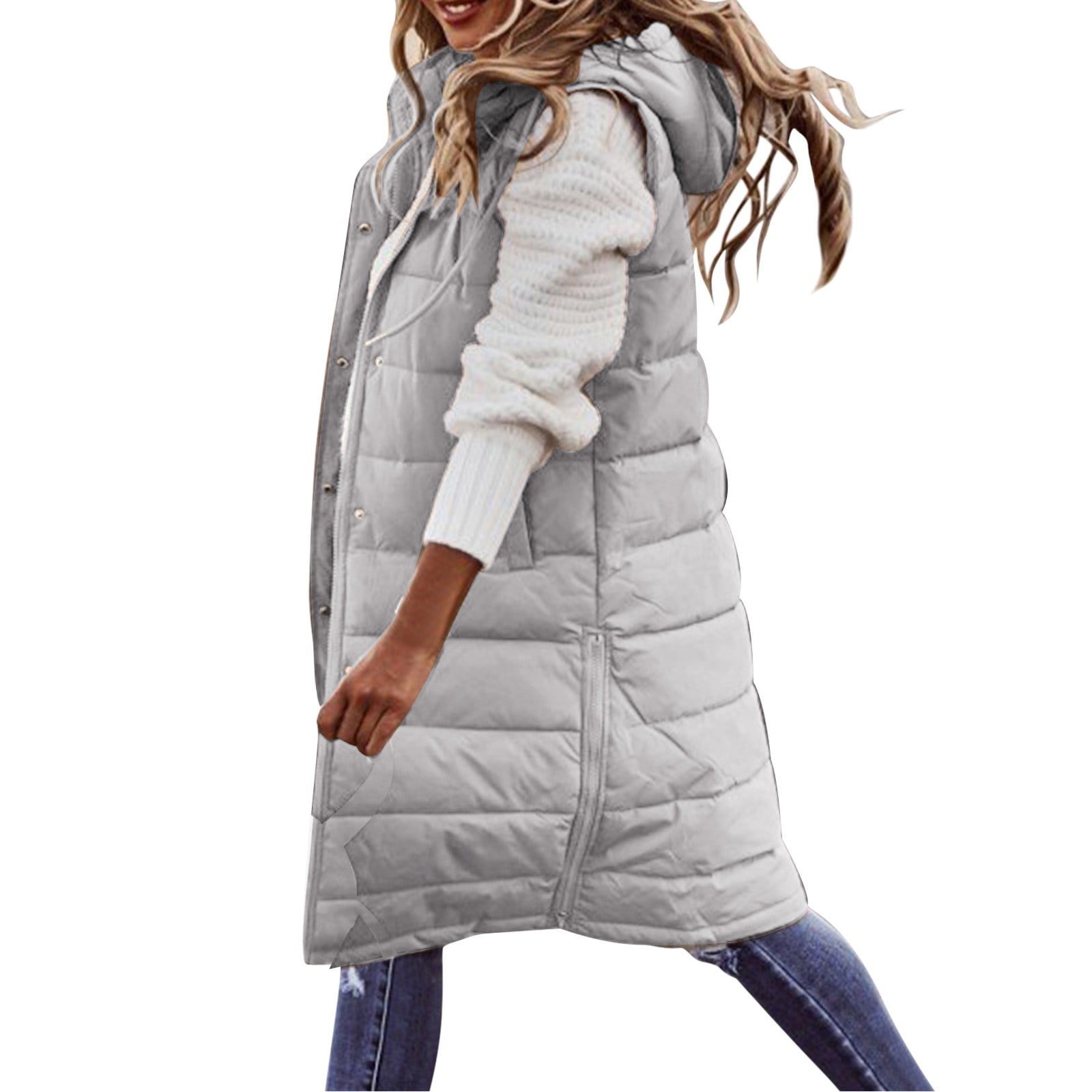 TOWED22 Women Long Puffer Vest Quilted Faux Puffer Vest Sleeveless Hooded Puffer Jackets Winter Warm Outerwear Grey XXL Walmart