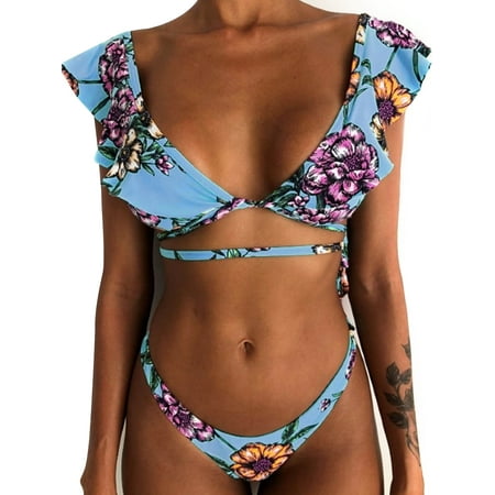 Bandage Backless Bikini Set for Women, Floral Print Swimsuit Two Piece Swimwear Bathing Suit Low Waist Push-up Padded Swimming Suit