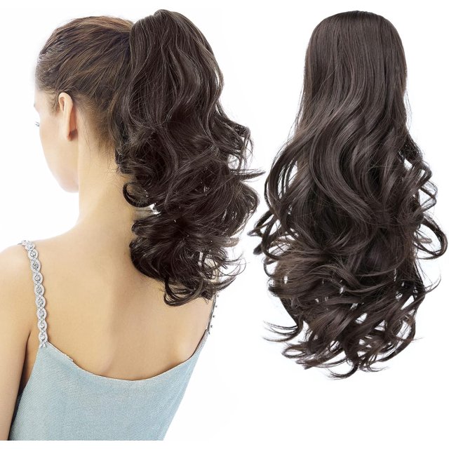ORUYROP Extension de Queue de Cheval, Extensions de Cheveux Griffe de Queue de Cheval 14 Pouces Faux Cheveux Ondulés Bouclés Perruque de Queue de Cheval Synthétique Pince Quotidienne Queue de Cheval Duveteuse Pièce de Cheveux pour Femmes (Brun Très Foncé)