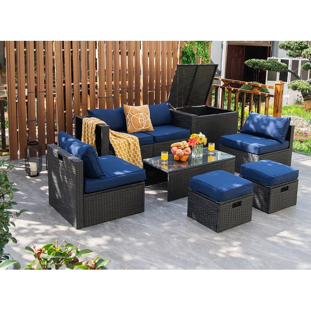 Costway Ensemble de Mobilier de Terrasse en Rotin 8 Pcs Table de Rangement Ottoman Housse Bleu Marine