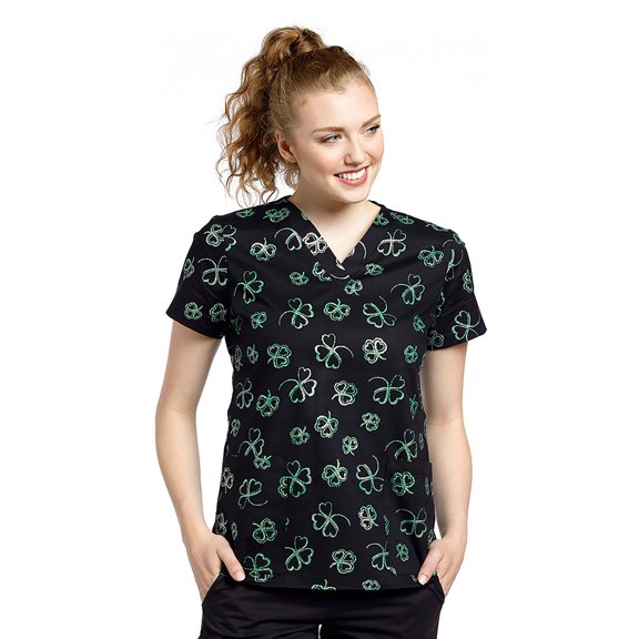 White Cross Women's V-Neck Clover Print Scrub Top