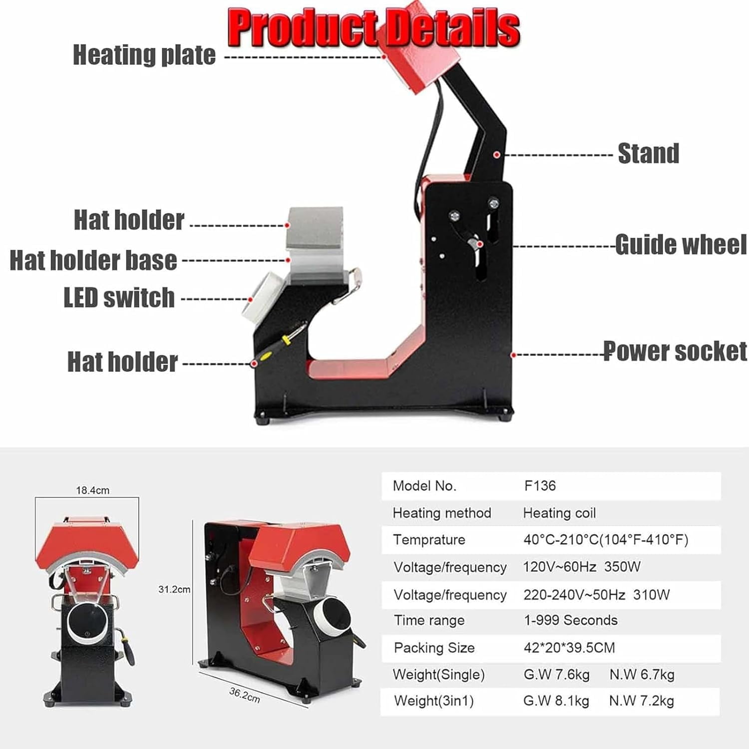 Hat Heat Press, Automatic Hat Heat Press Machine, Hat Sublimation Printing Machine with 3pcs Interchangeable Platens and Digital LCD Timer, Temperature Control, for Peaked Caps