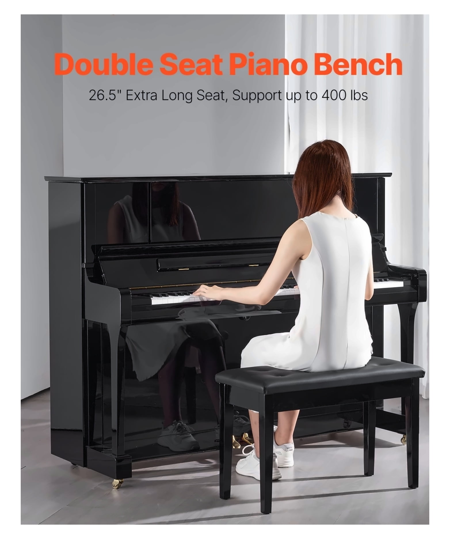 Duet Piano Bench with Storage - Padded Wooden Keyboard Stool - 29.5" x 14" x 19" - Adjustable Seat - Music Room Furniture