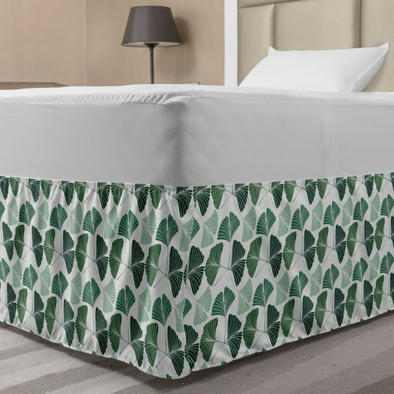 Gingko Bed Skirt, Mother Nature Ginkgo Biloba Tree Leaves Homeopathic Therapy Foliage Pattern, Elastic Bedskirt Dust Ruffle Wrap Around for Bedding Decor, 4 Sizes, Green and White, by Ambesonne