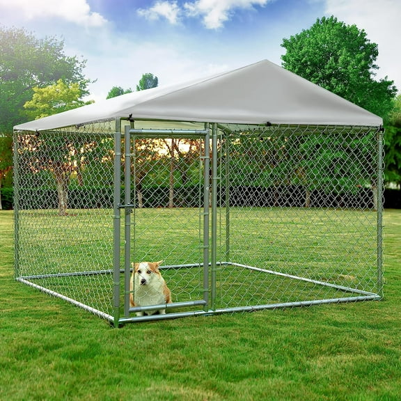 Outdoor Large Dog Kennel, Heavy Duty Dog Cage Pet House Galvanized Steel Fence Dog Playpen Puppy Exercise Pen Dog Run Cage w/UV & Waterproof Cover and Secure Lock (6.5'Lx6.5'Wx5.2'H)