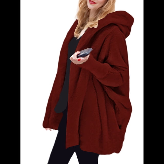 Chaqueta con Capucha y Cuello en V de Larga de Color Liso para Mujer, Informal, Holgada, de Felpa, Sin Botones. Vino Tinto 4XL