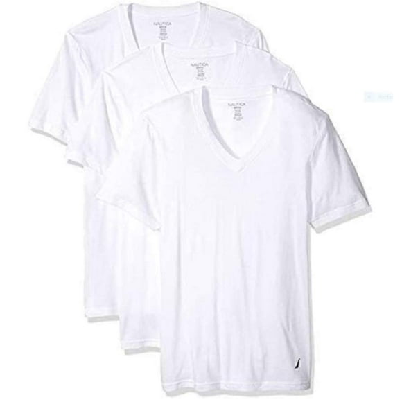 Nautica Mens 3-Pack Cotton V-Neck T-Shirt, Adult, White, S