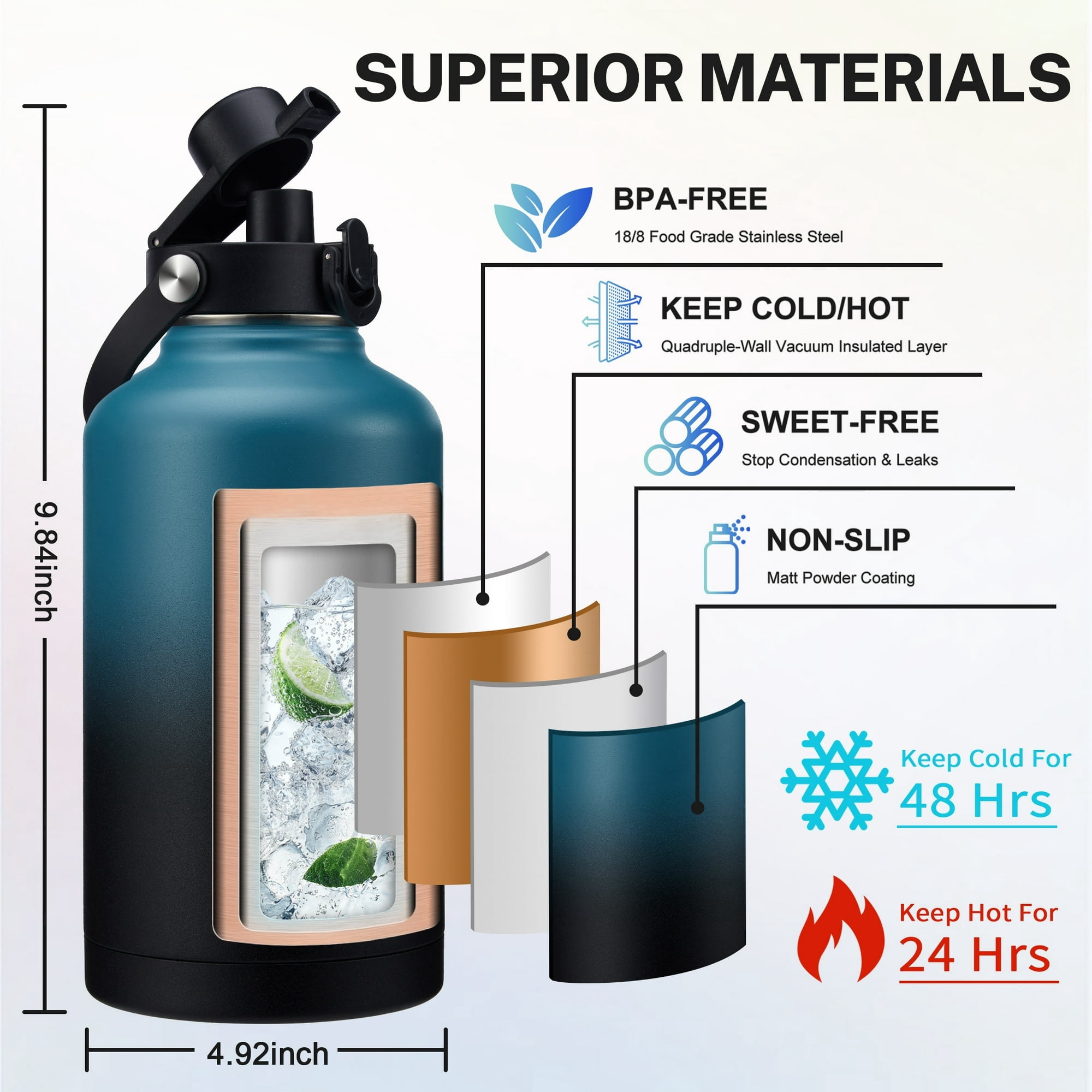 Half-Gallon Insulated Water Bottle 64oz - with Straw Spout Lids,Metal Sports Water Jug Cold 48H Hot 24H,Stainless Steel Water Flask with Paracord-Handle