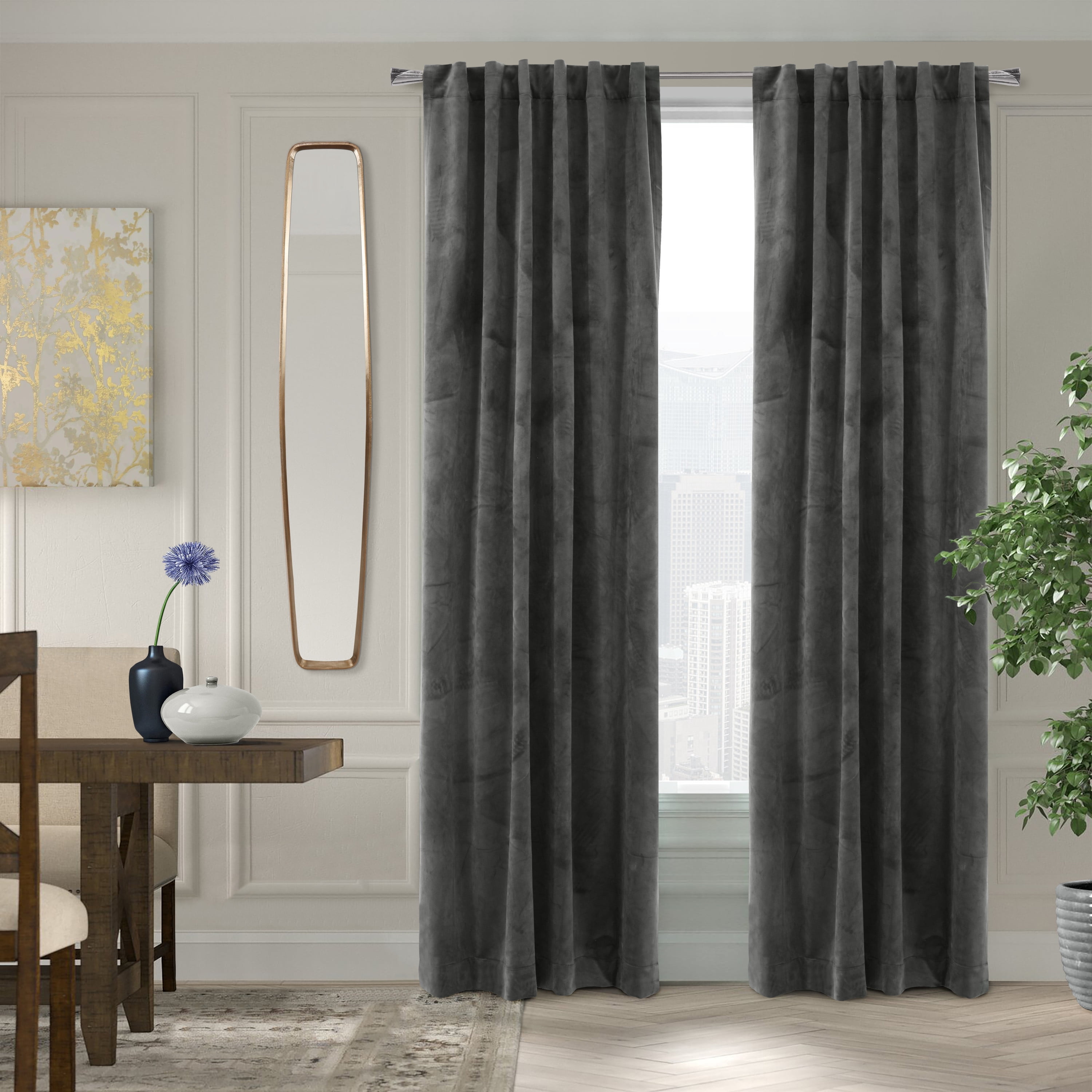 Sicily Room Darkening Velvet Dual Header Curtain Panel 50" x 95" in Charcoal
