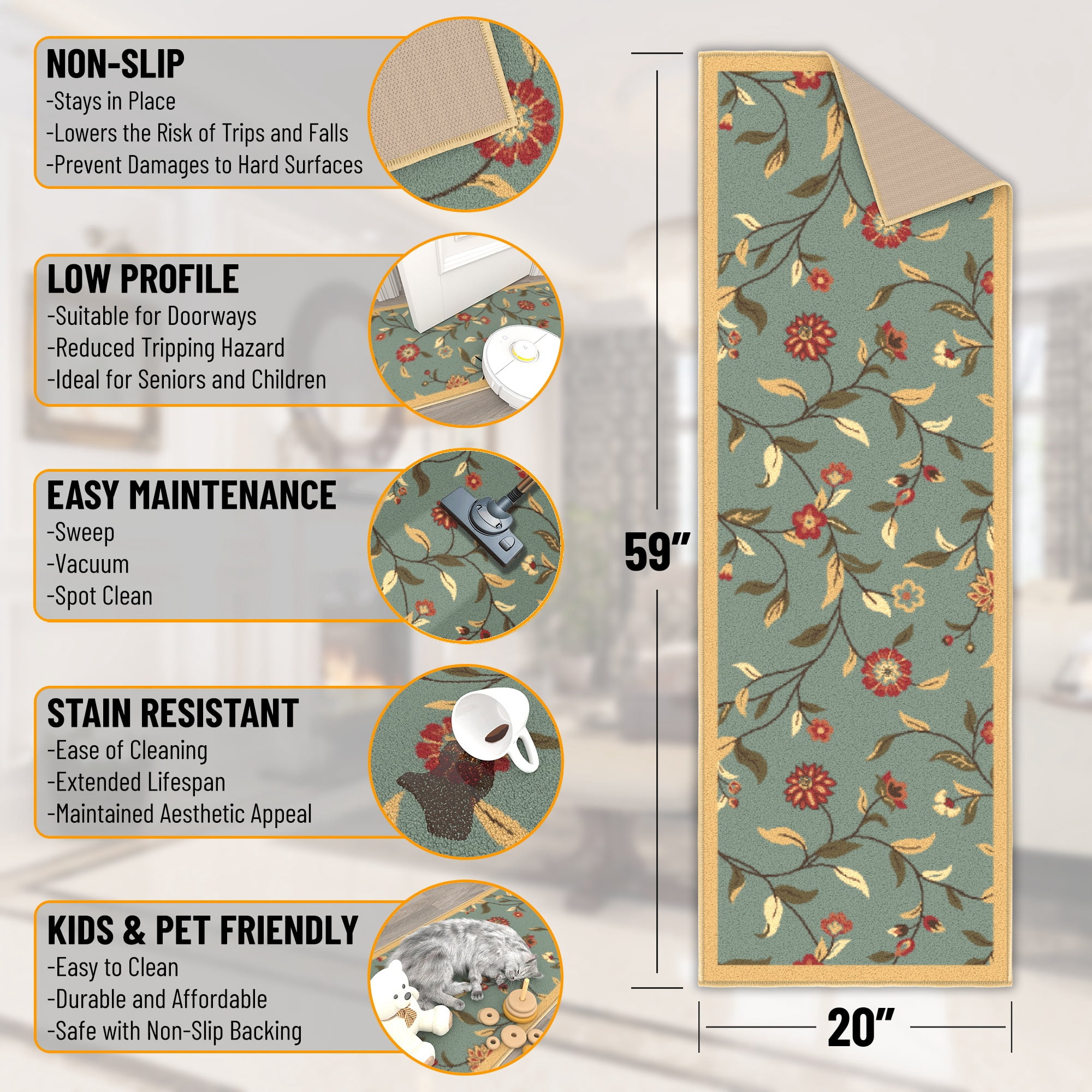 Ottomanson Floral Bathroom Runner Rug 20" x 59" - Non Slip Low Pile Carpet, Seafoam Green