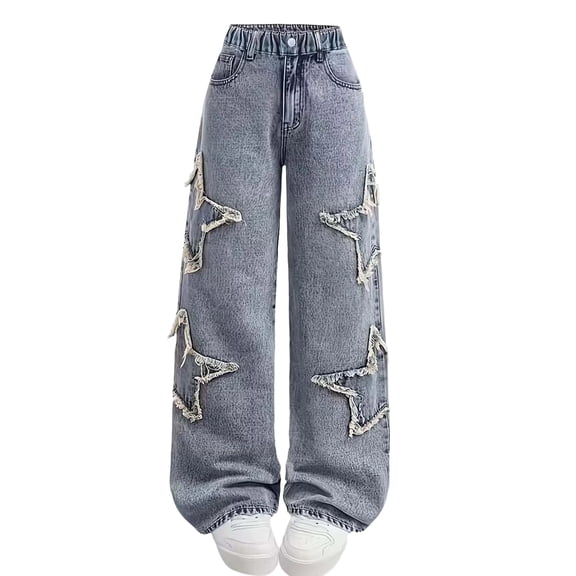 OGLCCG Girls Wide Leg Jeans Cherry Embroidery Ripped High Elastic Waisted Denim Pants with Pockets Casual Trousers Y2K Streetwear for Kids 5-15 Years