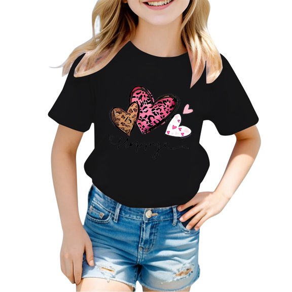 Landzoo Toddler Kids Boys Girls Shirts Leopard Love Heart Print Short Sleeve Crew Neck T-Shirt Summer Loose Fit Girls Tops Size 3-4 Years Black