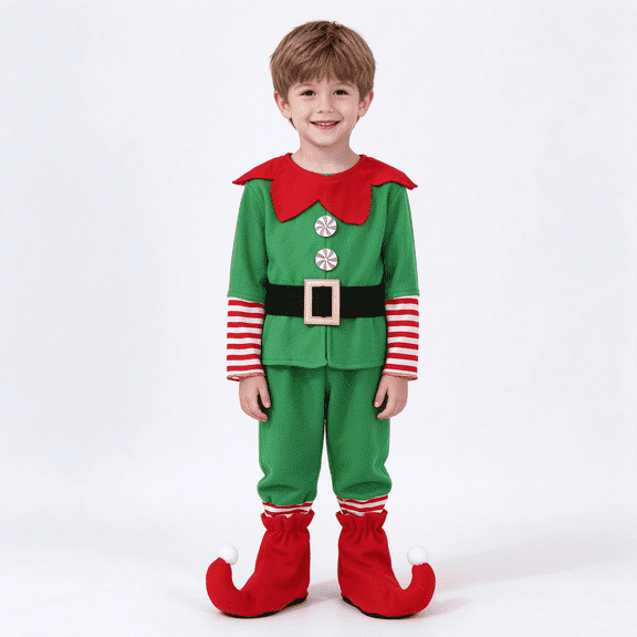 RGGEEUN Family Matching Christmas Elf Set, Long Sleeve Elf Top Pants with Belt, Elf Hat and Boot Covers, Kids Santa Elf Outfit for Xmas Christmas Holiday Party