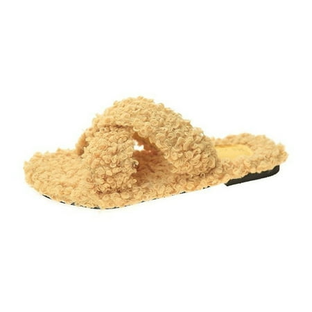

Fluffy Toe Post Casual Slipper Winter Plush Slippers Cross Strap Flat Bottom Winter Plush Slippers Women Casual Slipper Flat Bottom Yellow 39