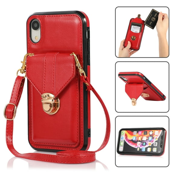 Crossbody Wallet Women Case for iPhone XS, iPhone X,[RFID Blocking] Credit Card Holder with Should Strap,Premium PU Leather Purse Metal Buckle Folio Flip Cover For iPhone X/XS, Red