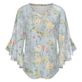 thumbnail image 5 of Pastel Floral Light Blue Background Women's V-Neck Blouse With 3/4 Ruffled Bell Sleeves Casual Top Ladies Blouses, 5 of 7