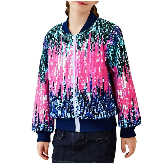 QQAMB Girls' Coat Ombre Sequin Bomber Jacket with Pockets Lightweight Sparkle Long Sleeve Zipper Gradient Jackets for Kid