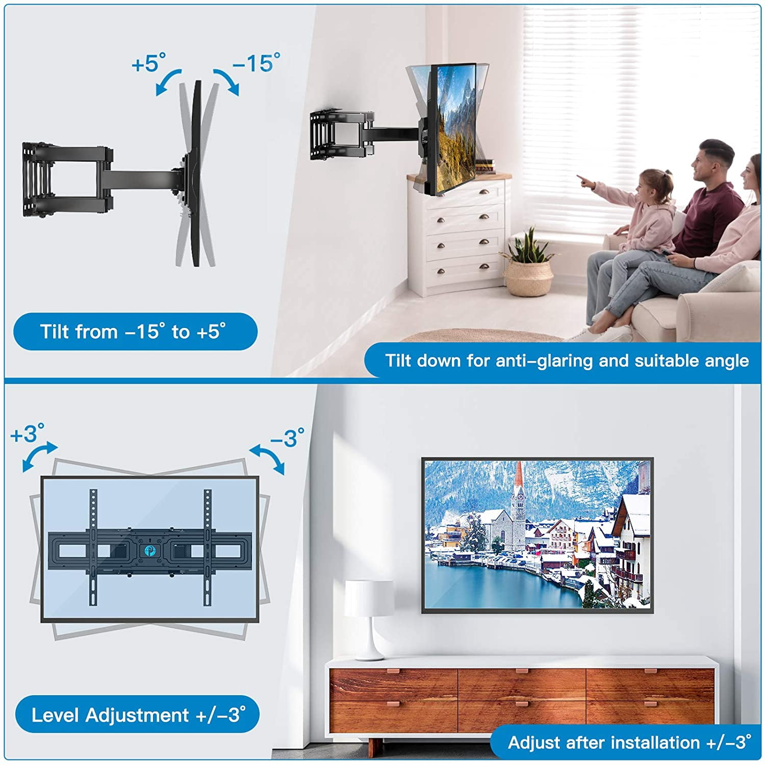 MountFTV Full Motion TV Wall Mount Bracket for 37-85 inch Flat Curved TVs, Max 600x400mm, Holds up to 110 lbs