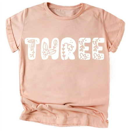 

Three Floral Numbers Ages 1-7 Girl s 3rd Birthday Shirt White on Peach Shirt 4T