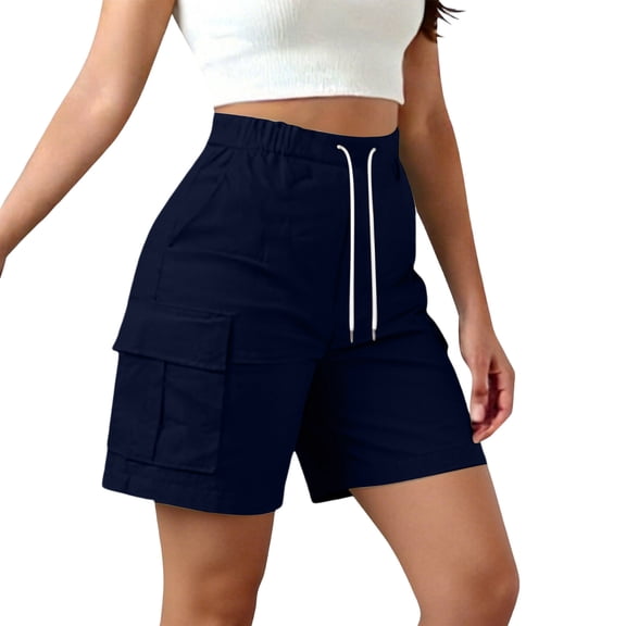 TEAJOPSUU Womens Cargo Shorts Elastic Waist Drawstring with Multi Pockets Shorts Casual Summer Workwear Shorts Dark Blue