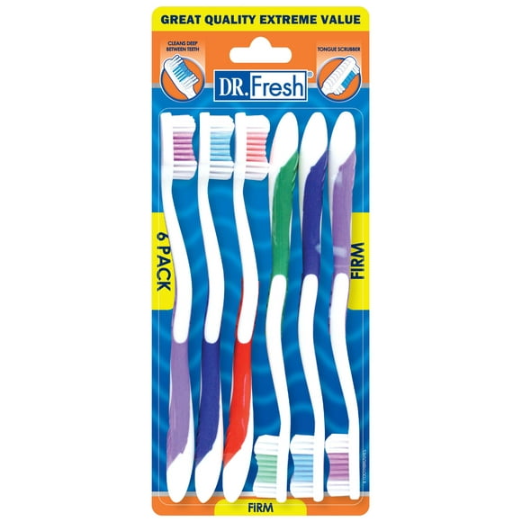 Dr. Fresh Extreme Value Toothbrushes, Non-Slip Handle, Firm Bristles, Tongue Cleaner, 6 Count