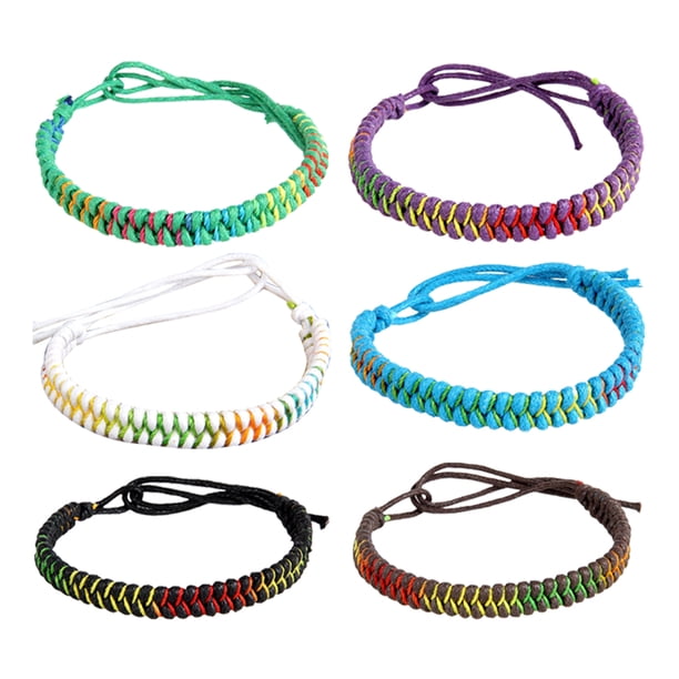 Juego de 6 pulseras de cuerda de cera tejidas a mano para mujeres y niñas (verde, morado, negro, blanco, café, azul)