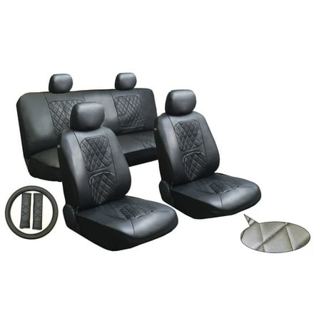 Unique Imports Black 11-piece Luxury Diamond Stitched Leatherette Car Truck SUV Seat and Steering Wheel Covers