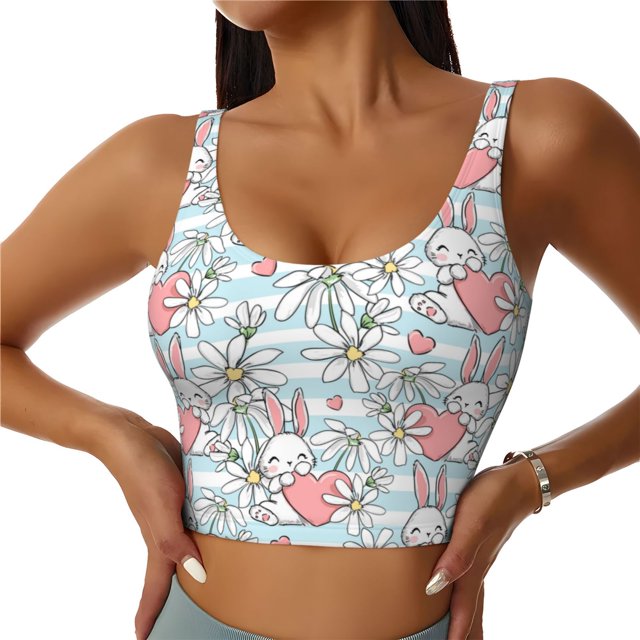 Balery Cute Rabbit And Heart Sujetadores deportivos con espalda cruzada para mujer, acolchados, sin costuras, de alto impacto, ideales para yoga, gimnasio, entrenamiento y fitness.-XX-Large