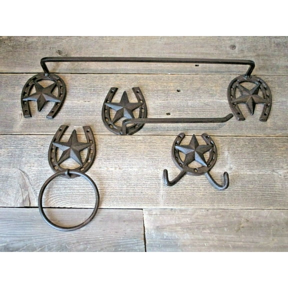4 PIECE STAR HORSESHOE BATHROOM SET OF 4 RUSTIC WESTERN DECOR HOLDER HOOK TOWEL