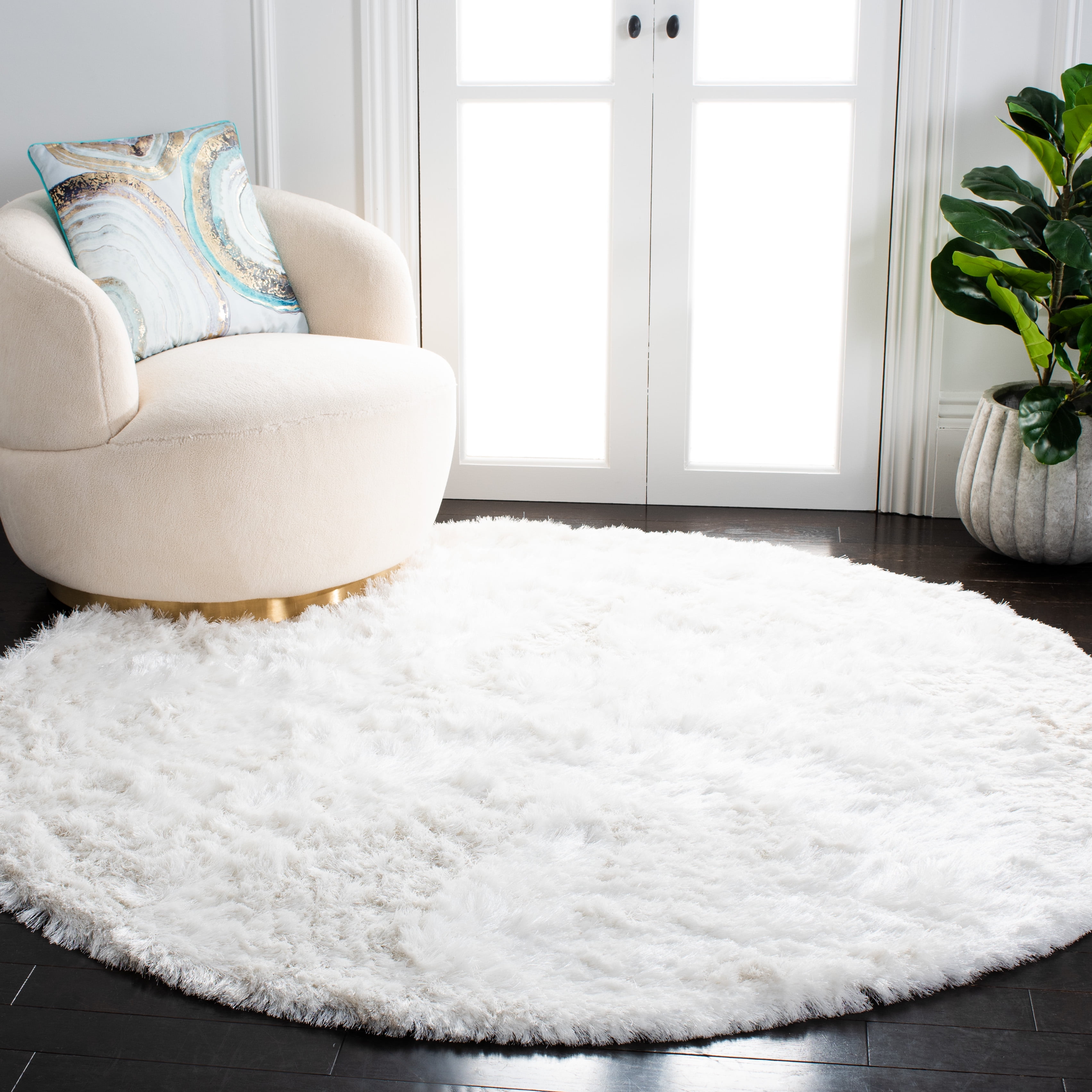 SAFAVIEH Ocean Amyas Solid Shag Area Rug, Ivory, 8' x 8' Round