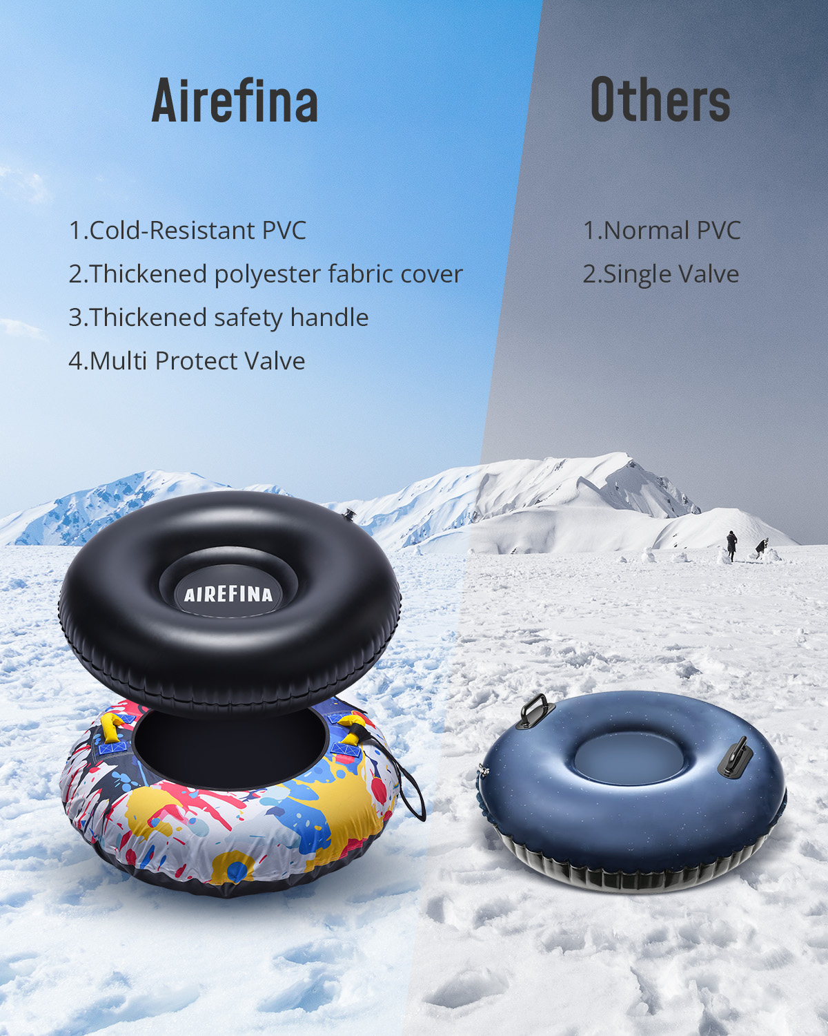 Airefina 47" Snow Tubes, Heavy Duty Inflatable Snow Sleds with 2 Nylon Handles for Kids and Adults Outdoor Sledding